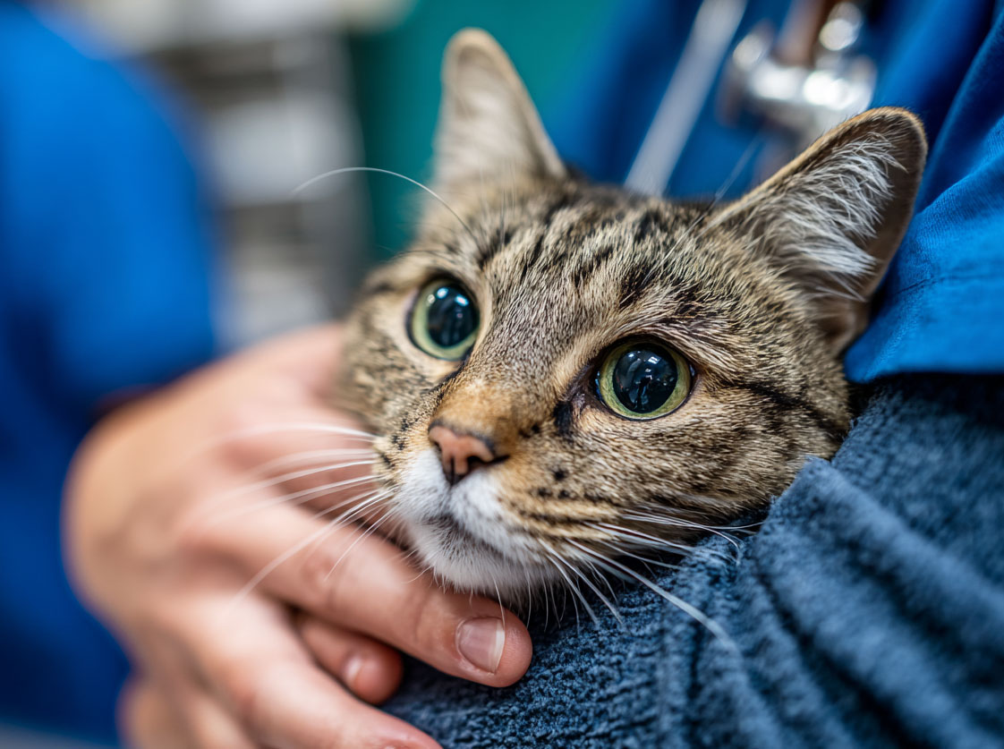 Un chat tenu dans les bras par un vétérinaire