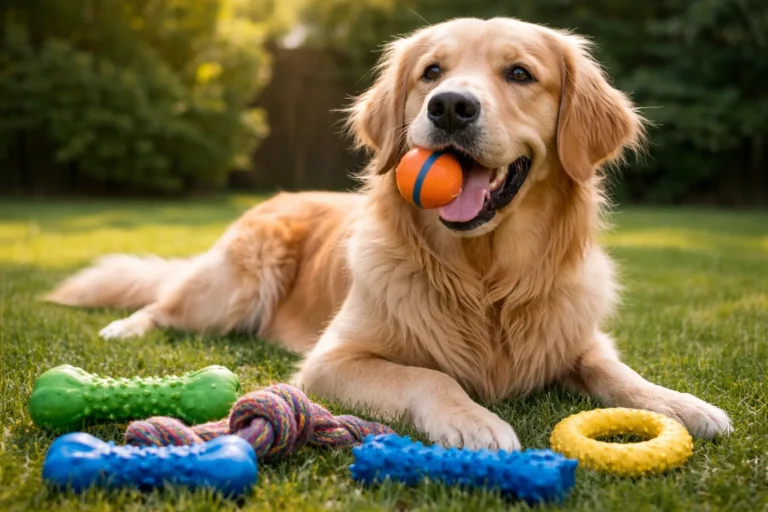 Un chien couché sur une pelouse avec des jouets