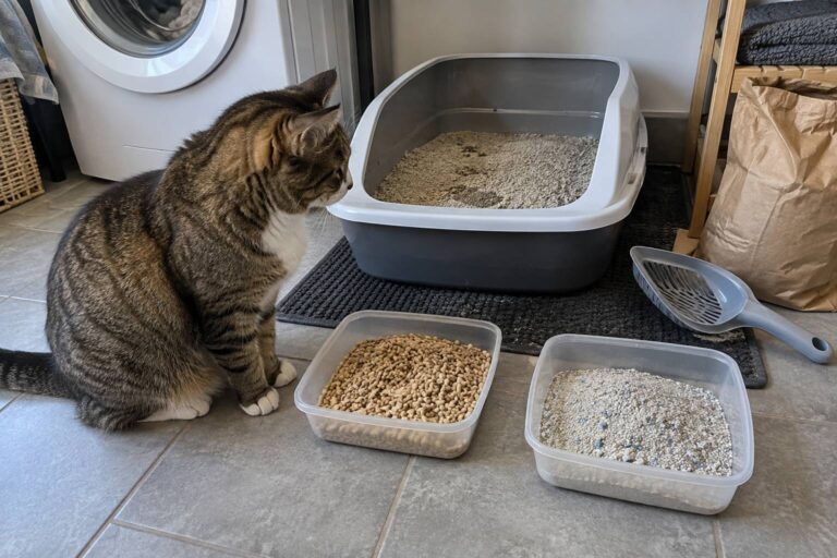 Un chat avec une litière devant lui
