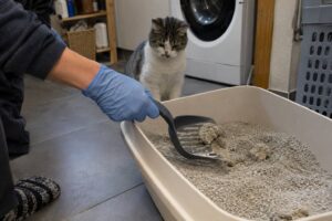 une personne en train de nettoyer une litière de chat