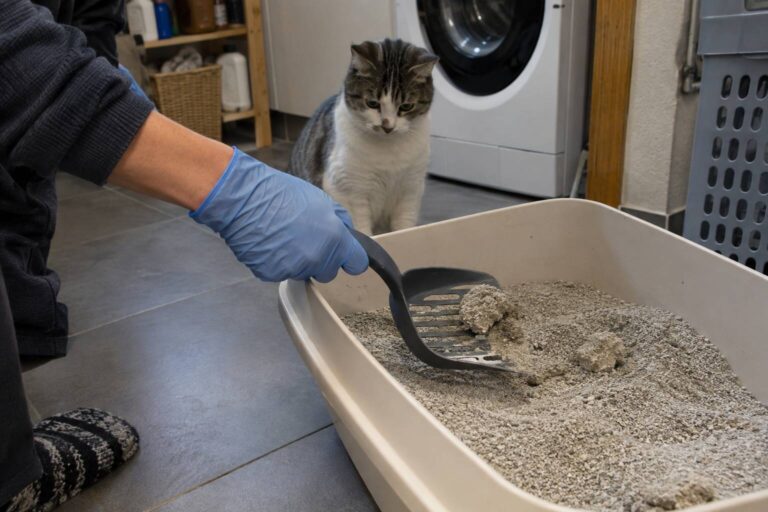 une personne en train de nettoyer une litière de chat